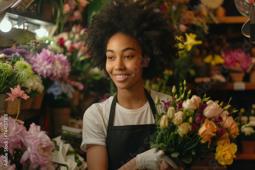 Florist with a joyful smile arranging fresh bouquets in a cozy flower shop filled with vibrant blooms. photo