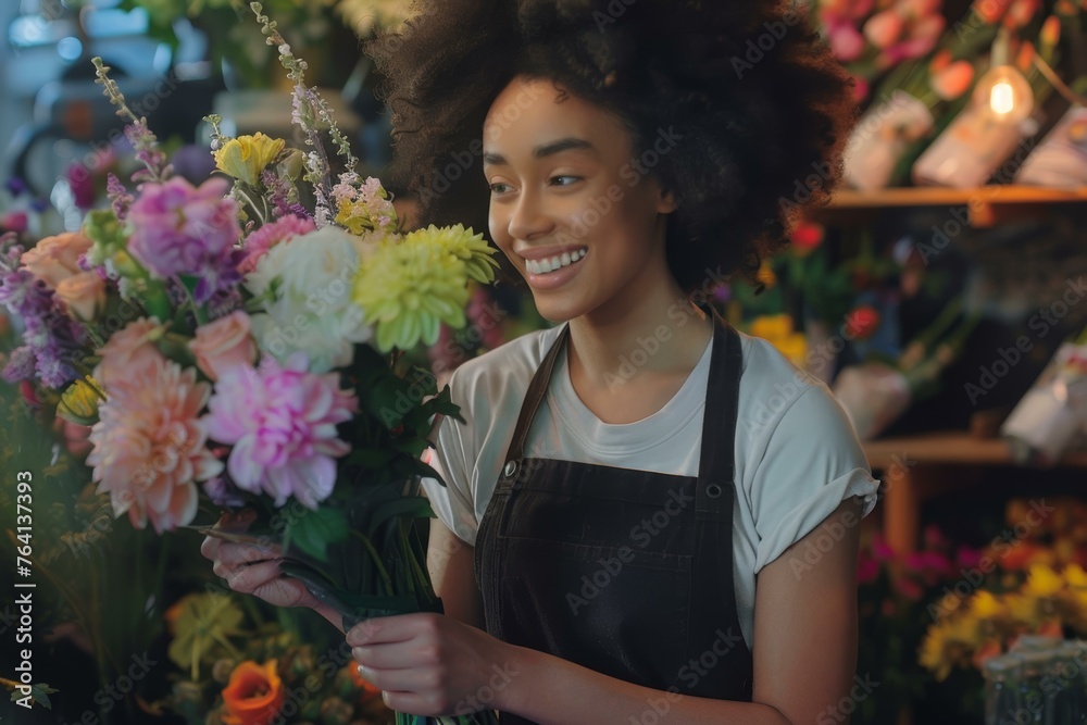Smiling florist arranging a colorful bouquet in a cozy flower shop
