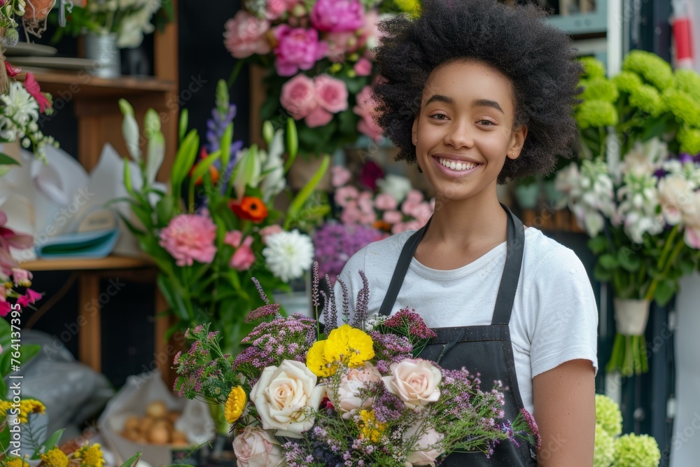 Young florist with a joyful smile holding a bouquet in a flower shop Young florist with a joyful smile holding a bouquet in a flower shop