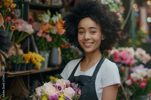 Young florist with a joyful smile holding a bouquet in a flower shop © BrightWhite