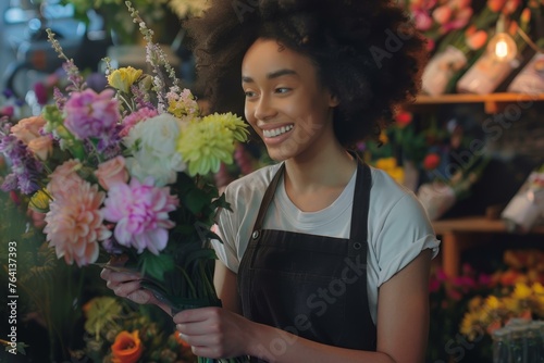 Smiling florist arranging a colorful bouquet in a cozy flower shop