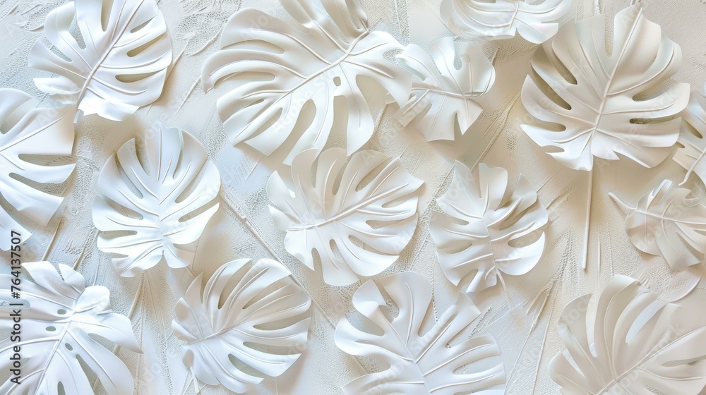 White monstera leaf bas-relief patterns on a textured background for contemporary interior design. White monstera leaf bas-relief patterns on a textured background for contemporary interior design.