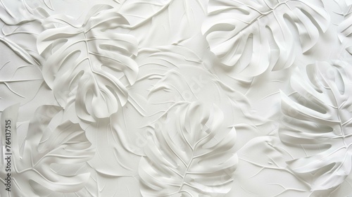 Fototapeta Naklejka Na Ścianę i Meble -  Elegant white 3D wall panel relief with tropical monstera leaf patterns for modern interior design