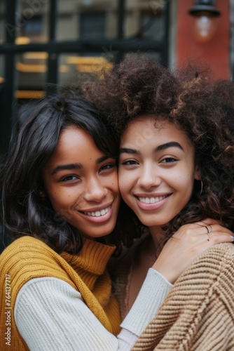 Two joyful young women embracing in a close-up portrait with warm smiles