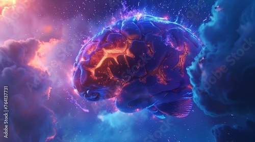 Glowing neon brain floating amidst cosmic clouds with vibrant blue and pink colors representing creativity and cognitive processes in a surreal space setting.