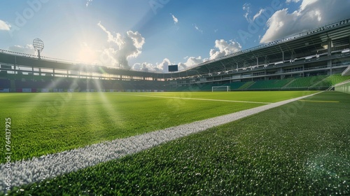 Sunlit empty soccer stadium with green grass and clear blue sky © BrightWhite