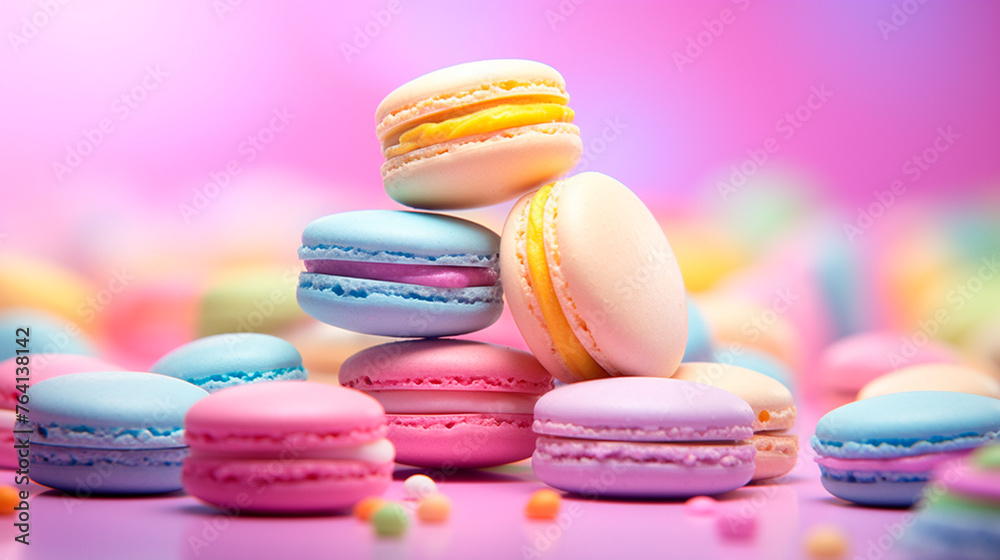 Fototapeta premium a pile of macarons with different colors on a pink background