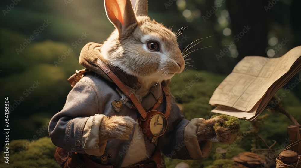 Obraz premium Enchanted Forest: Scholarly Rabbit Studying Ancient Texts Generative AI