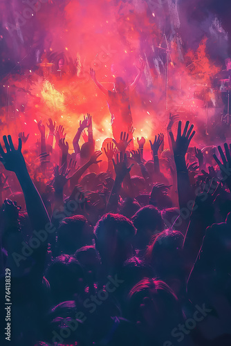 Exhilarated concert crowd with hands raised  capturing the electric atmosphere of live music