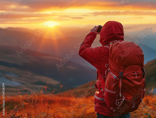 Hiker in red capturing the tranquil beauty of a mountainous sunset on camera
