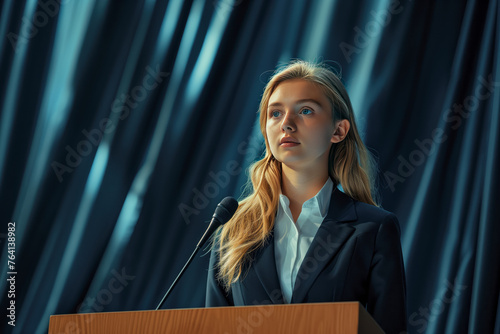 young beautiful woman speaker giving a scientific or political report in front of microphones