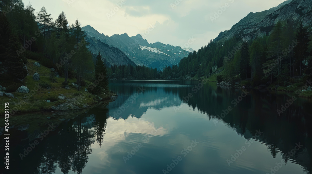 Serene mountain lake reflecting a clear blue sky surrounded by evergreen forest