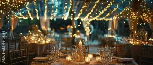 A beautifully decorated wedding reception hall with fairy lights candles