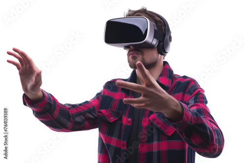 A man using VR glasses for virtual world isolated on transparent background
