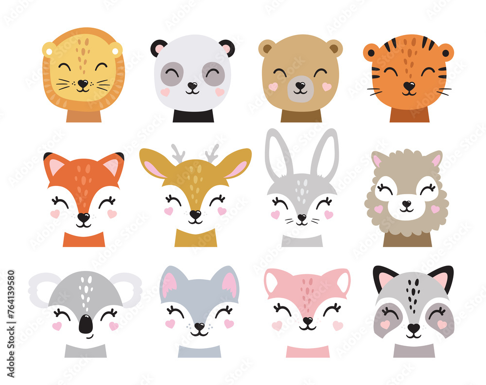 Cartoon cute baby animals for baby cards, baby shower invitation,print,poster. Vector illustration.Deer,cat, bunny,koala,llama,alpaca, raccoon,fox,unicorn, wolf,bear,lion,panda,tiger,dog,rabbit,hare