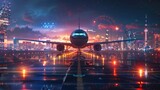 A Commercial airplane on runway with futuristic cityscape vibrant night lights