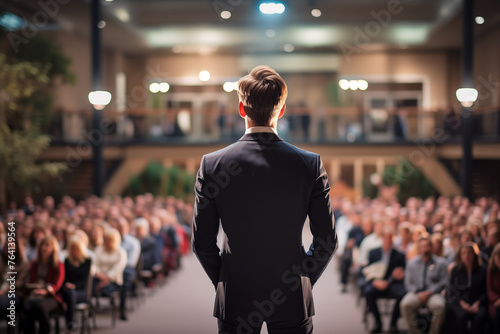 a young speaker in a business suit stands with his back to the viewer and speaks to a large audience in the main hall photo