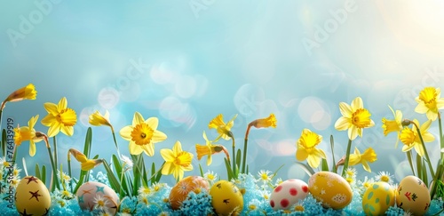 A vibrant Easter background featuring daffodils and colorful eggs, with the sun shining brightly in the sky, creating an atmosphere of joyous celebration Generative AI