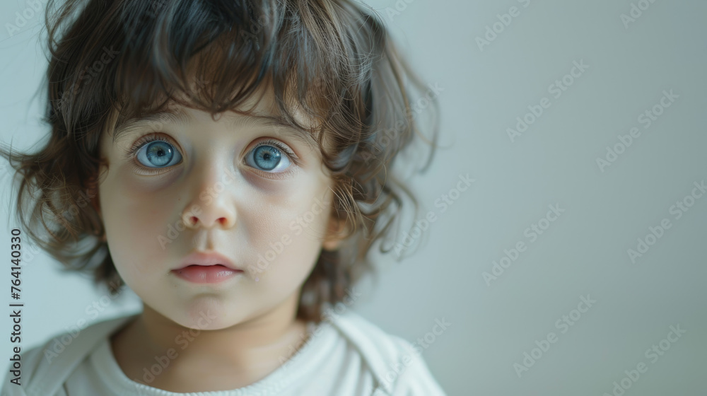 Close-up of a child with curly hair and striking blue eyes looking curious Close-up of a child with curly hair and striking blue eyes looking curious