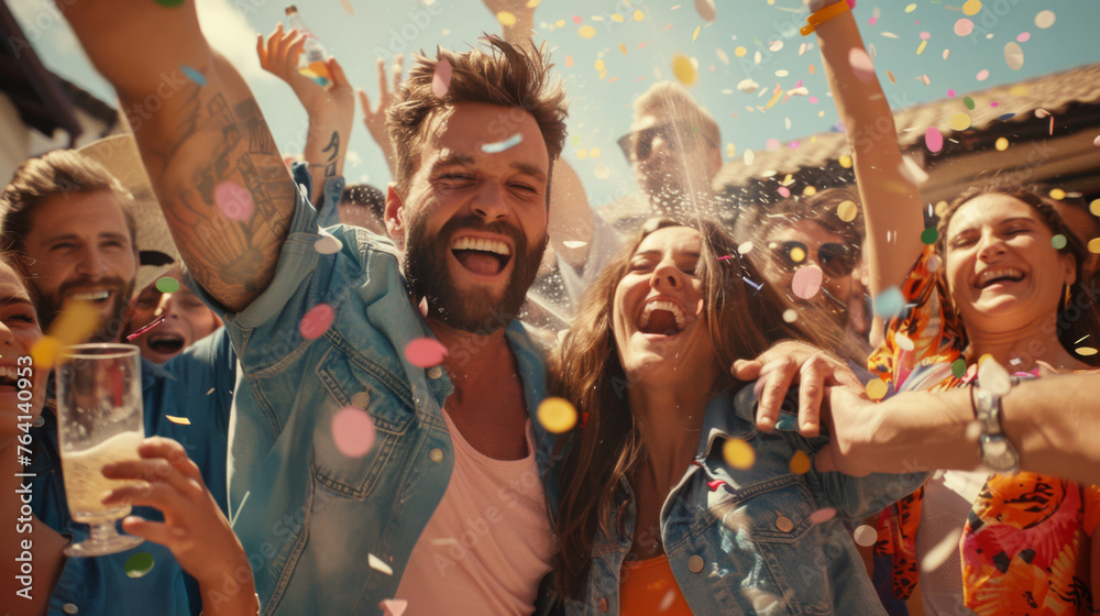 Exuberant friends are celebrating with confetti and laughter under the sun. - obrazy, fototapety, plakaty 