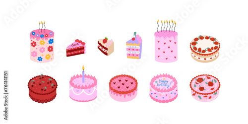 Set of various birthday cakes with candles and slices of cakes. Holiday greeting bento cakes. Vector flat illustration on isolated background