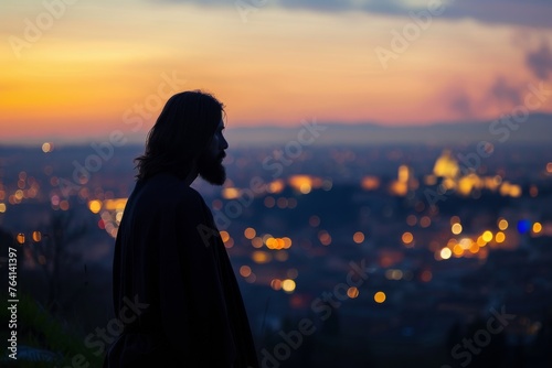 Jesus Christ silhouette looking out over a cityscape at dusk, symbolizing watchful care and protection.