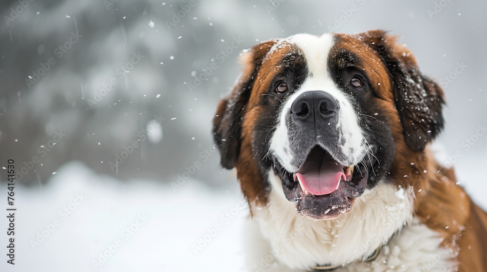 Saint Bernard dog portrait in winter