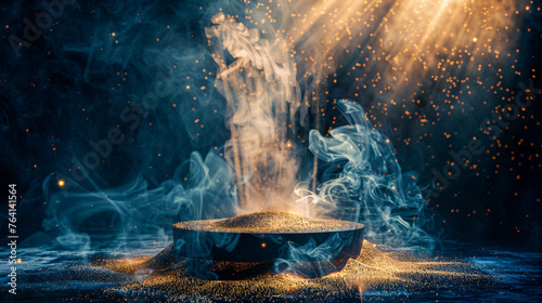Traditional meal preparation with steam and smoke, dark kitchen magic for food enthusiasts photo