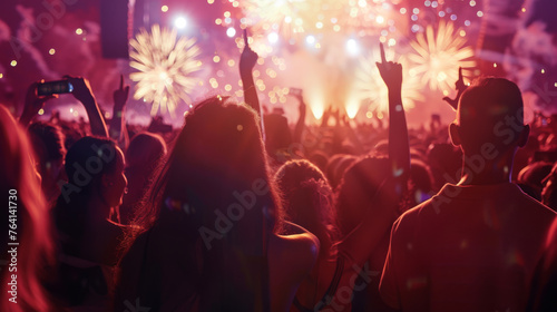 A crowd of spectators at a festival with fireworks lighting up the night sky.
