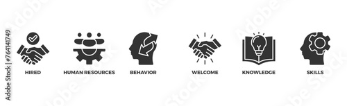 Onboarding banner web icon vector illustration concept for human resources business industry to introduce newly hired employee into an organization with behavior, welcome, knowledge, and skills icon