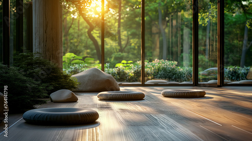 Zen Meditation Room with Forest View at Sunrise