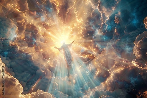 Majestic deity floating above a celestial landscape, emitting rays of divine light. photo