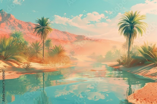 Majestic Desert Mirage Illusionary Oasis Scene in a Vast Sandy Landscape, Digital Art Mirage Concept