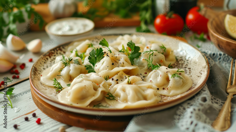 Dumplings and parsley - russian pelmeni - italian ravioli. Meat dumplings, homemade russian pelmeni on grey plate on the table. Restaurant menu, recipe