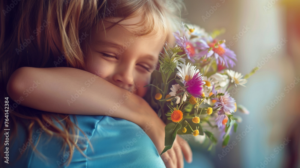A smiling toddler hugs a vibrant bouquet of mixed flowers. A smiling toddler hugs a vibrant bouquet of mixed flowers.