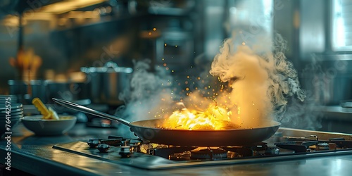 dynamic kitchen on the hiss and steam of a pan cooking on a gas stove photo