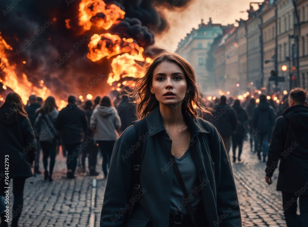 Girl stands in the background of the street protests