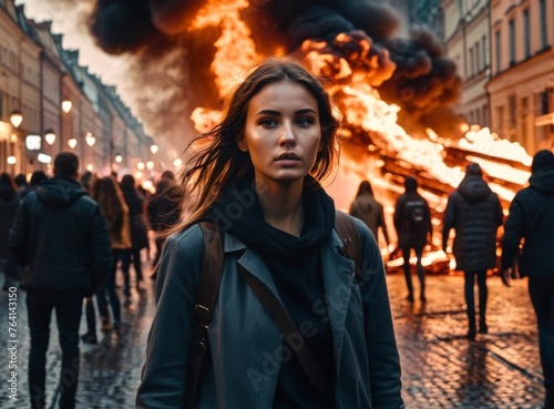 Girl stands in the background of the street protests