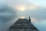 Serene Lake Pier Peaceful Wooden Dock Extending into Misty Lake at Dawn, Digital Art Landscape