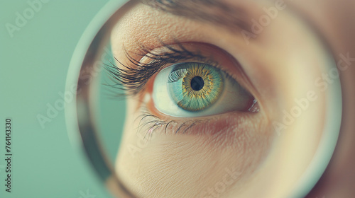 The human eye through a magnifying glass, bright light, close-up details of the eye photo