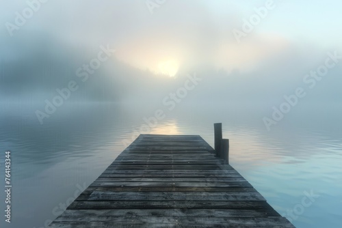 Serene Lake Pier Peaceful Wooden Dock Extending into Misty Lake at Dawn  Digital Art Landscape