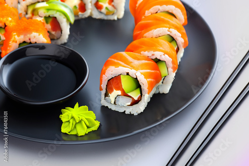 Sushi on a blsck plate with dark background. Sushi on a black plate. Tasty sushi Filadelfia. Generative AI image. 