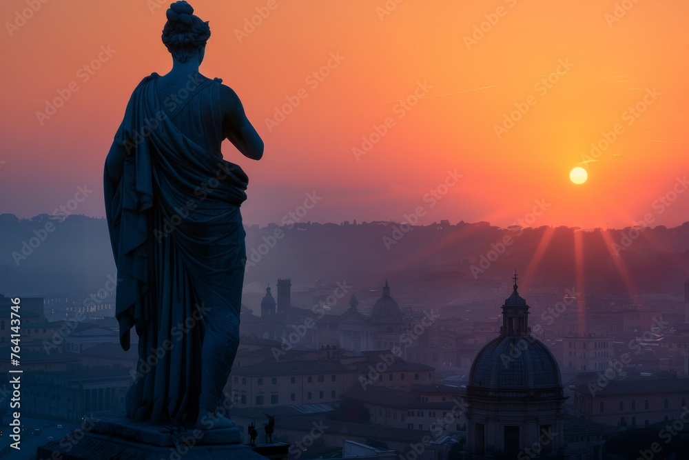 Silhouette of a Roman goddess statue overlooking the city from a hill at dawn.