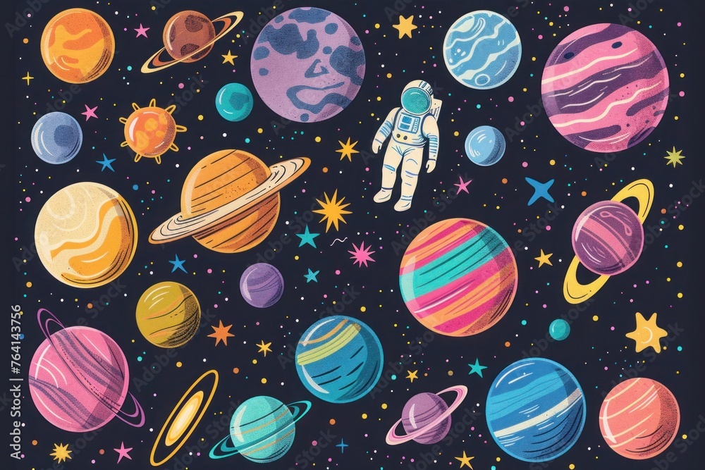 Background design with many planets in space illustration. Space icon set and astronaut Background design with many planets in space illustration. Space icon set and astronaut