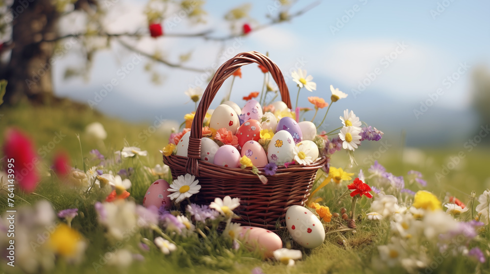 Easter basket with decorated eggs and flowers on a blooming lawn background Generative AI Easter basket with decorated eggs and flowers on a blooming lawn background Generative AI
