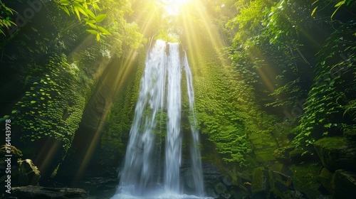 A majestic waterfall cascades down from the lush green canopy of Bali, forming an enchanting natural wonder in Earth's embrace., wide shot, full body, full length