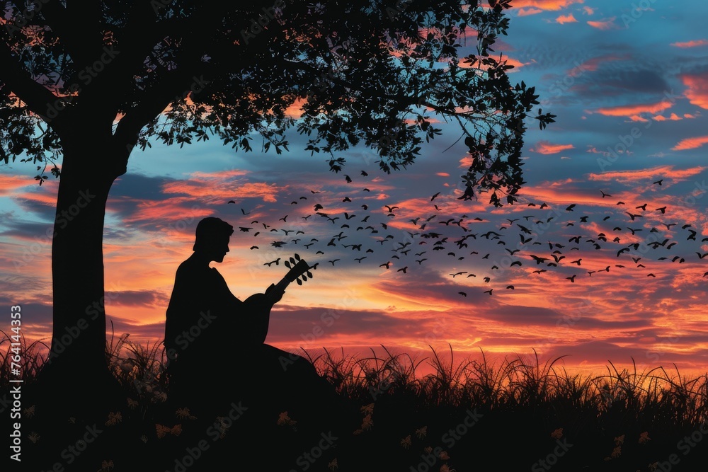 Silhouette of a Roman poet reciting verses under a tree, with a lyre in hand, at dusk.