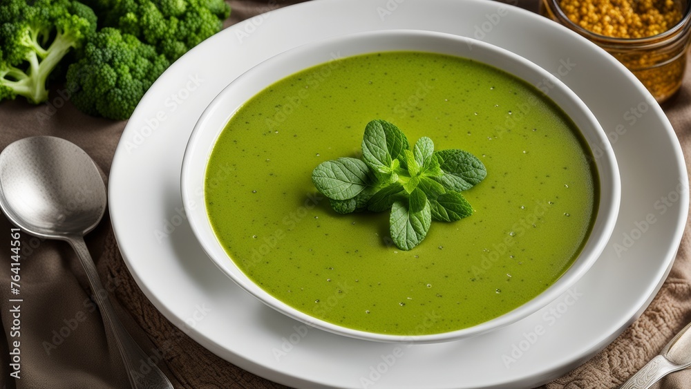 A plate of broccoli, pea and mint soup A plate of broccoli, pea and mint soup
