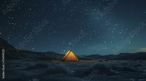 Bathed in starlight, the solitary tent glows against the expansive night sky, capturing the essence of human wonder in nature's boundless expanse.