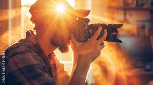 A man holding a camera up to his eye, framing a shot. He is adjusting the settings on the camera before clicking the button to take a picture. The background shows a general outdoor setting. photo